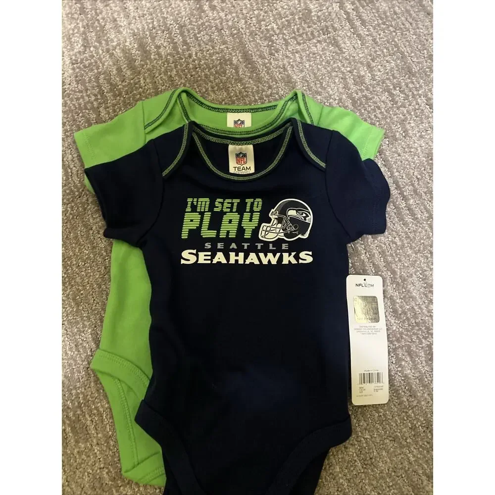 2-Infant NFL Licensed Seattle Seahawks Bodysuit Size 0-3mo Blue & Green NWT